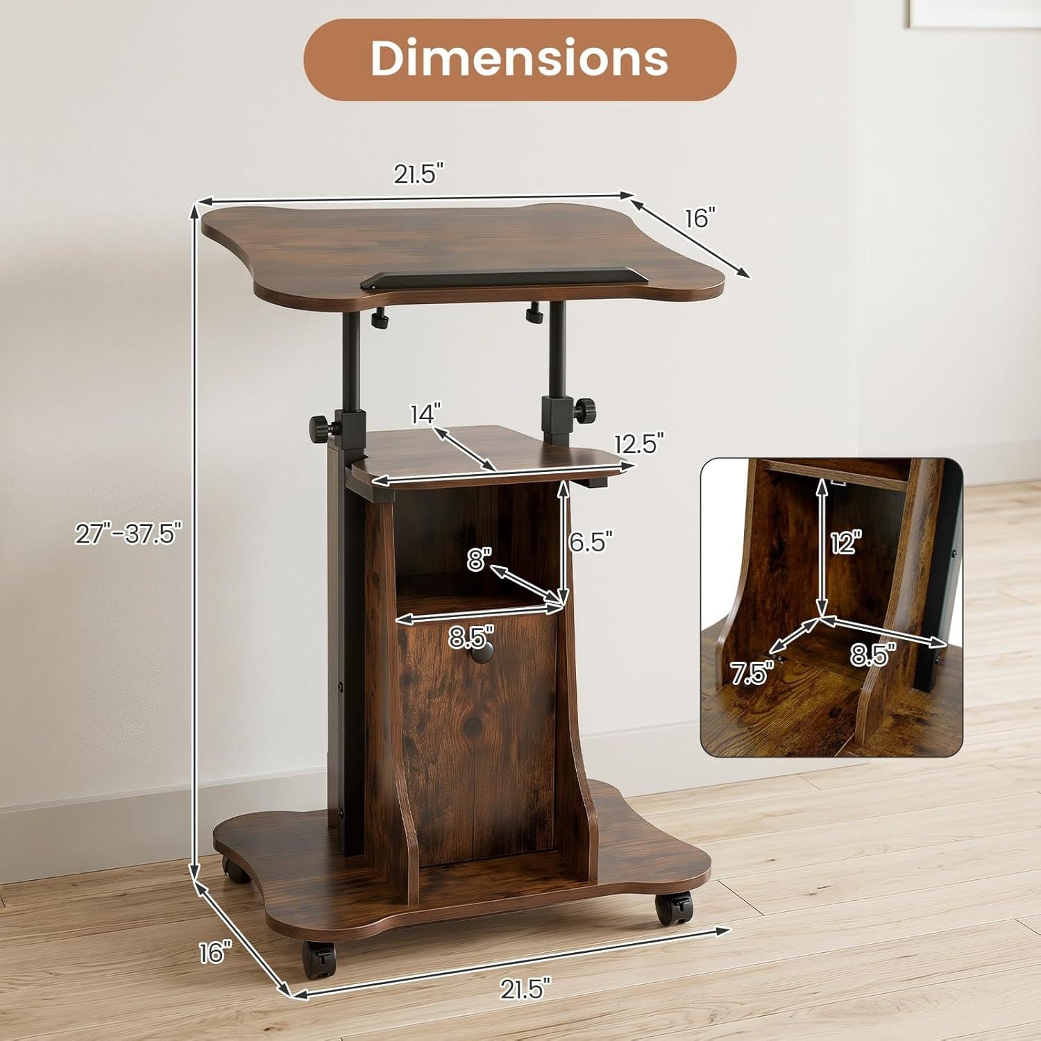 Adjustable Mobile Standing Desk Cart with Tilt Desktop and Cabinet-Rustic Brown