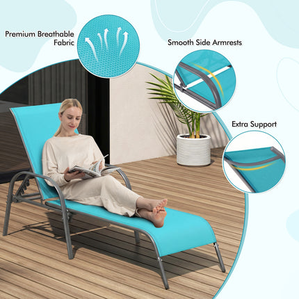 Adjustable Patio Chaise Folding Lounge Chair with Backrest-Turquoise