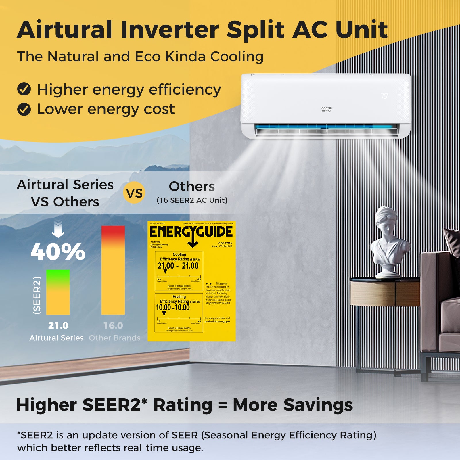 Airtural Series 12000 BTU 21 SEER2 208-230V Ductless Mini Split Air Conditioner with Heater Pump Energy Star Certified