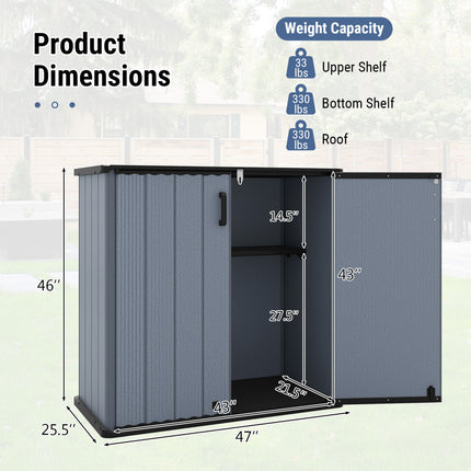 All-Weather Storage Box with Floor and Removable Shelf for Patio and Lawn-Gray