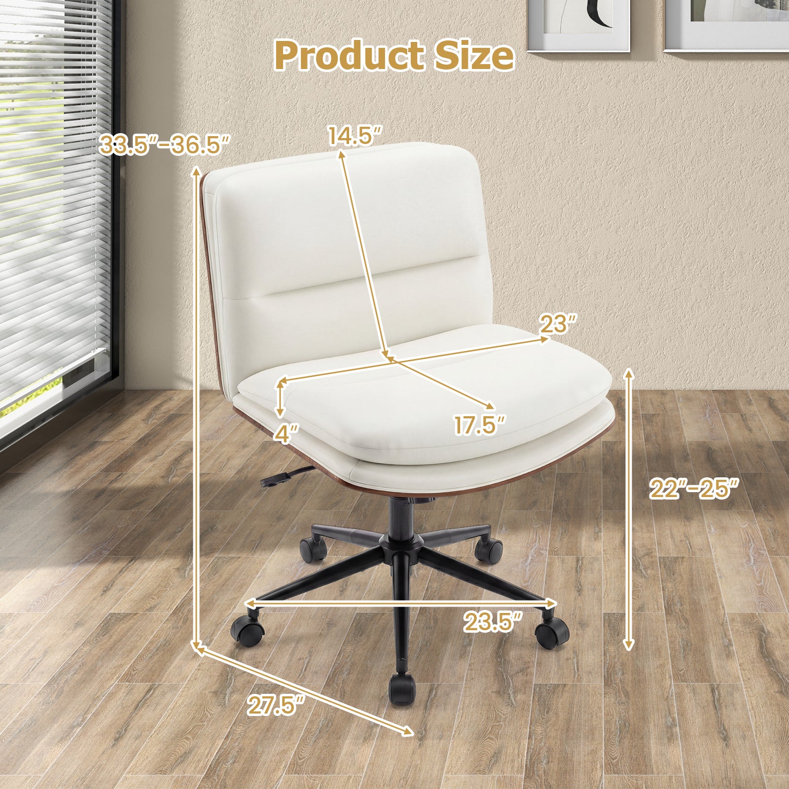 Armless Office Chair with Curved Backrest and Padded Seat-White