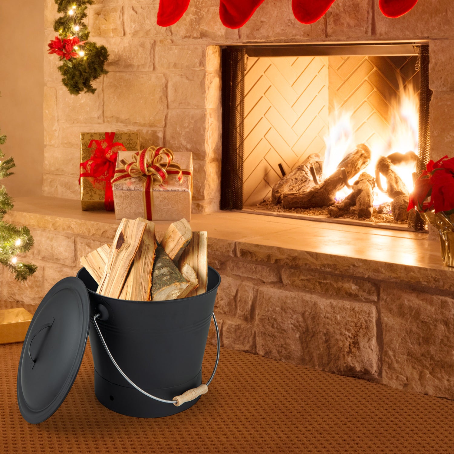 Ash Bucket with Lid and Cut-resistant Gloves-Black