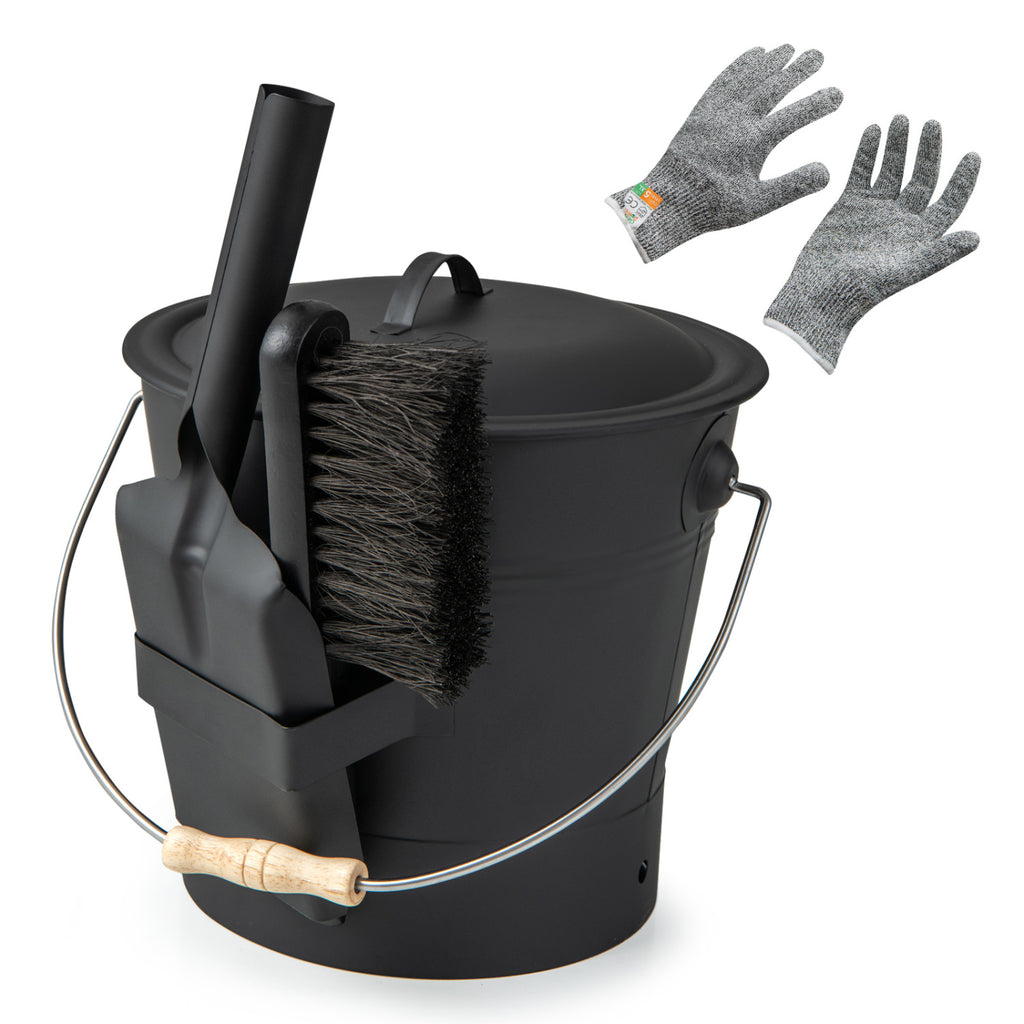 Ash Bucket with Lid and Cut-resistant Gloves-Black