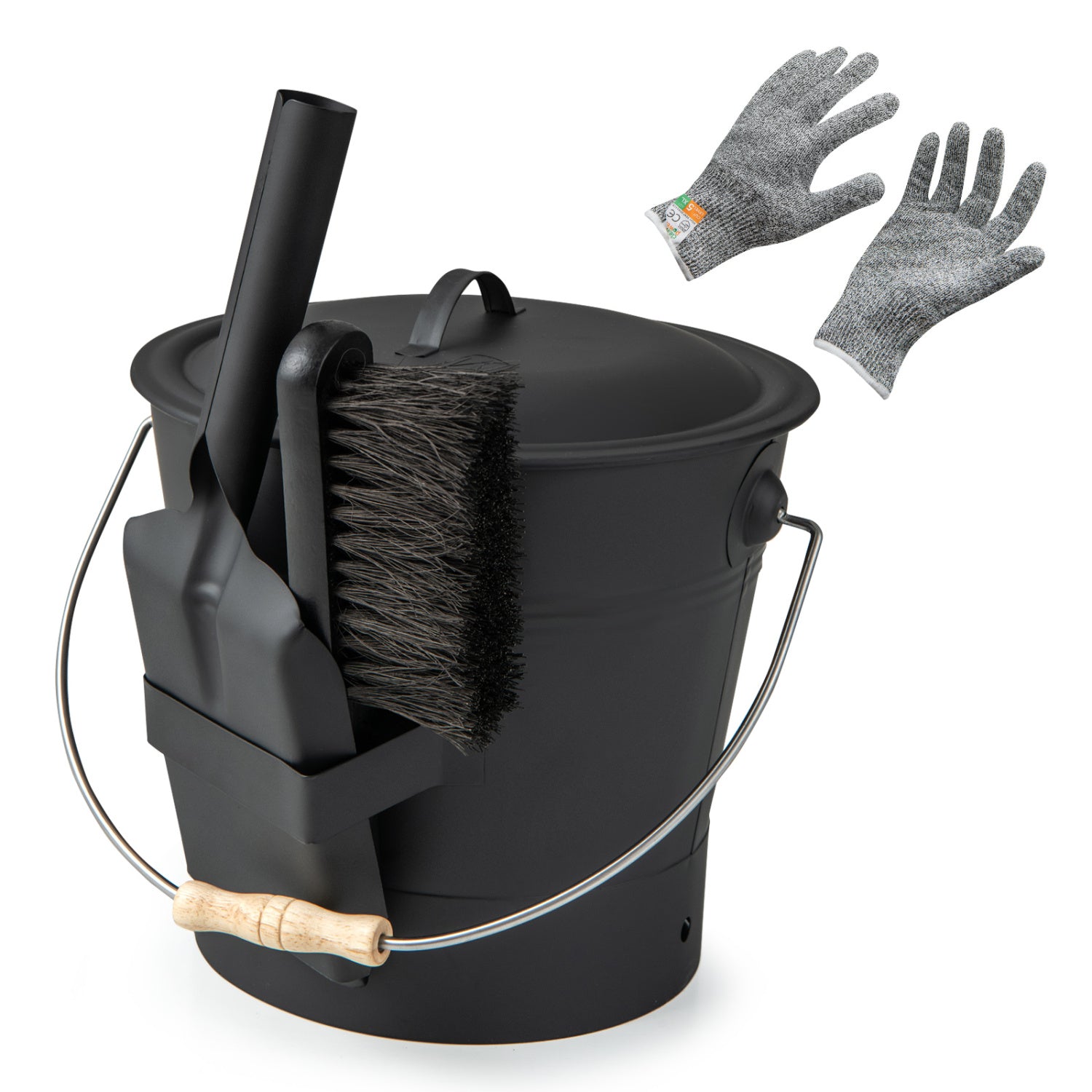 Ash Bucket with Lid and Cut-resistant Gloves-Black