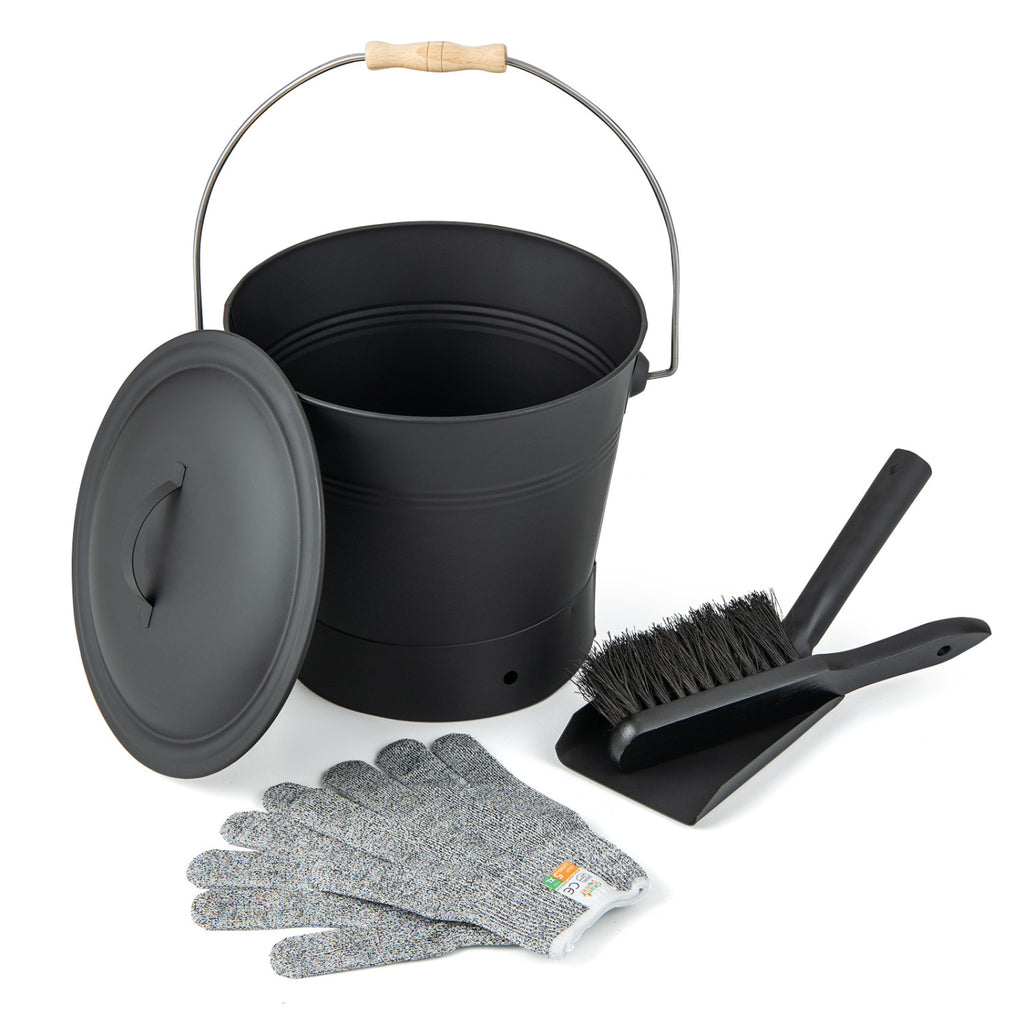 Ash Bucket with Lid and Cut-resistant Gloves-Black