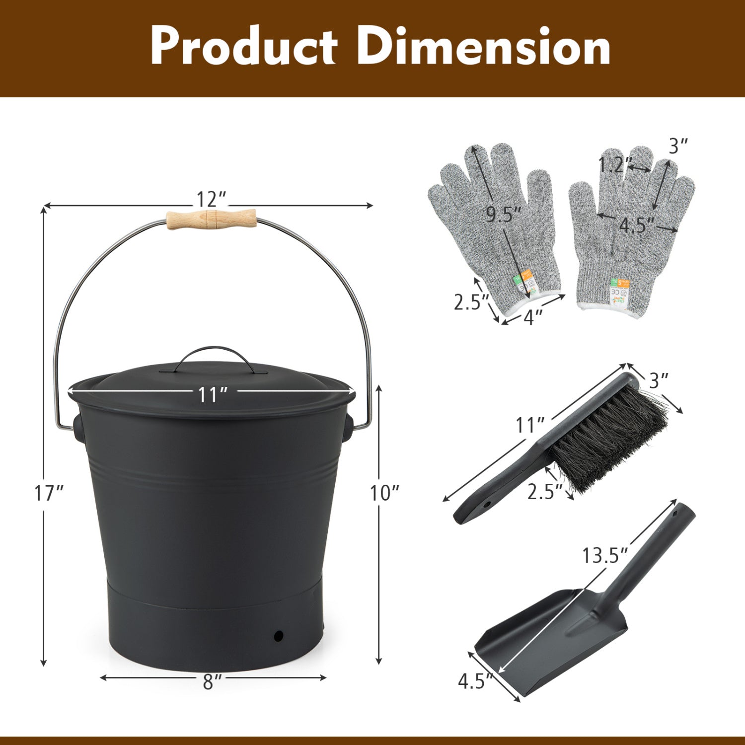 Ash Bucket with Lid and Cut-resistant Gloves-Black