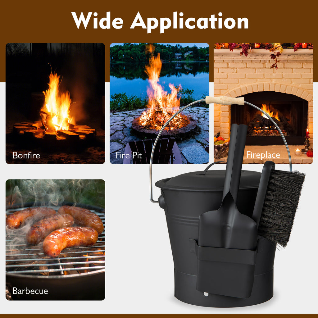 Ash Bucket with Lid and Cut-resistant Gloves-Black