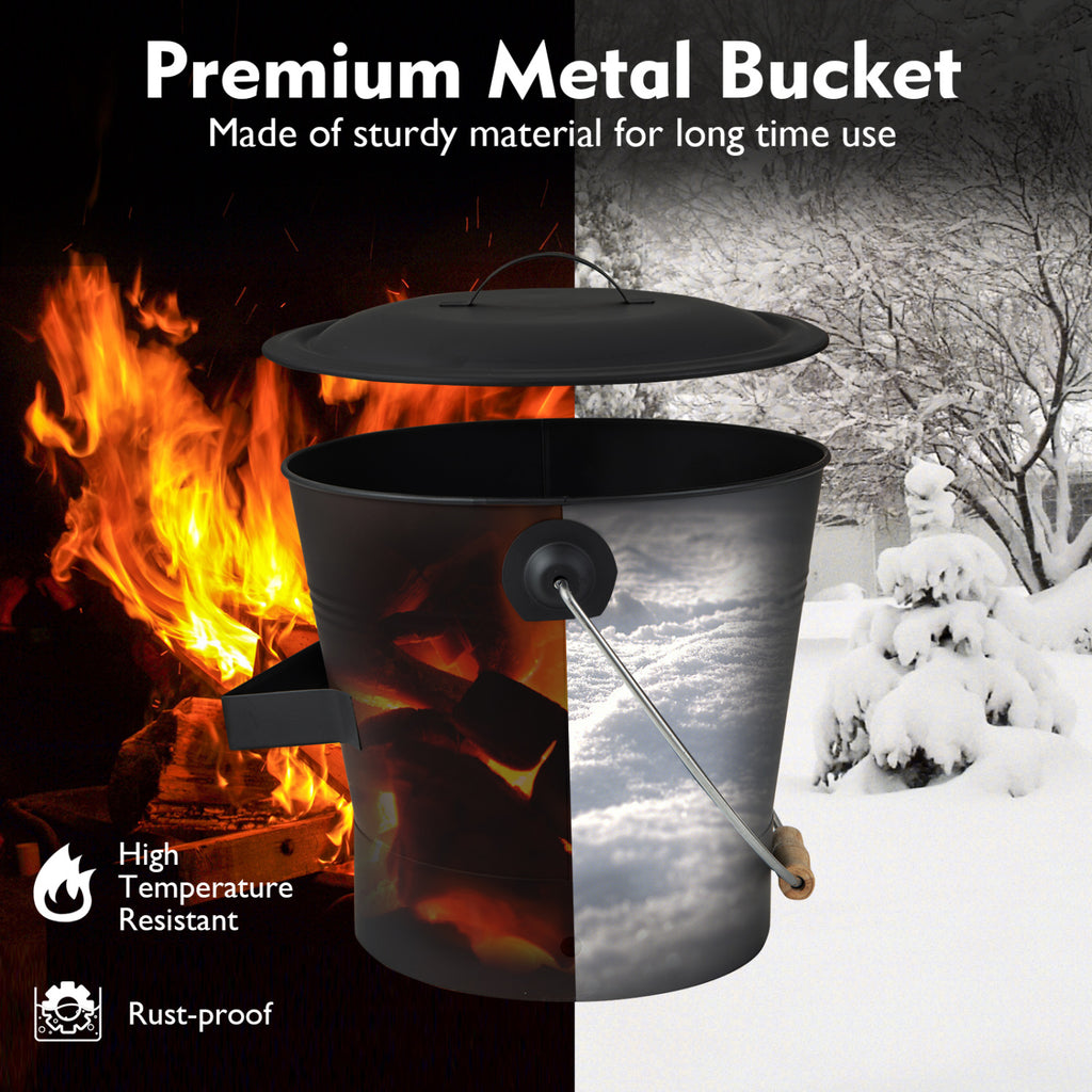 Ash Bucket with Lid and Cut-resistant Gloves-Black