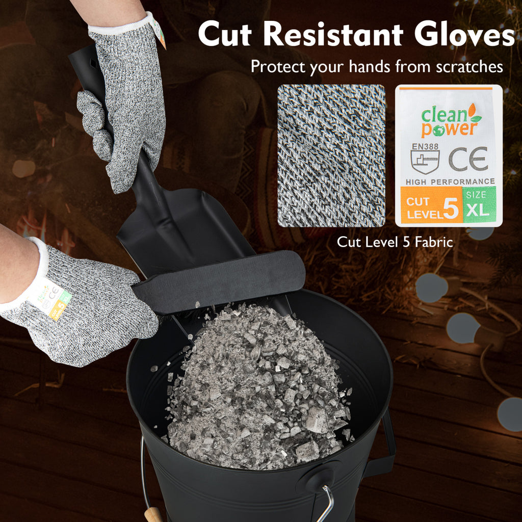 Ash Bucket with Lid and Cut-resistant Gloves-Black