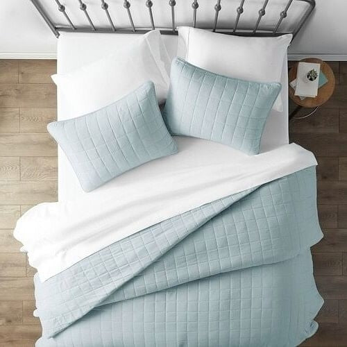 3 Piece Microfiber Farmhouse Coverlet Bedspread Set Light Blue,