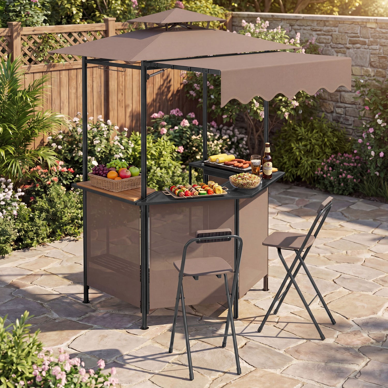 BBQ Gazebo Canopy with 4 Slatted Metal Shelves 6 Hanging Hooks and 2-Row Glass Holders-Brown