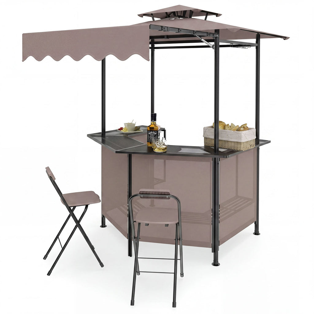BBQ Gazebo Canopy with 4 Slatted Metal Shelves 6 Hanging Hooks and 2-Row Glass Holders-Brown