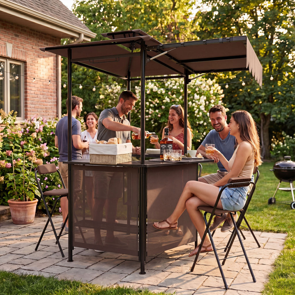 BBQ Gazebo Canopy with 4 Slatted Metal Shelves 6 Hanging Hooks and 2-Row Glass Holders-Brown