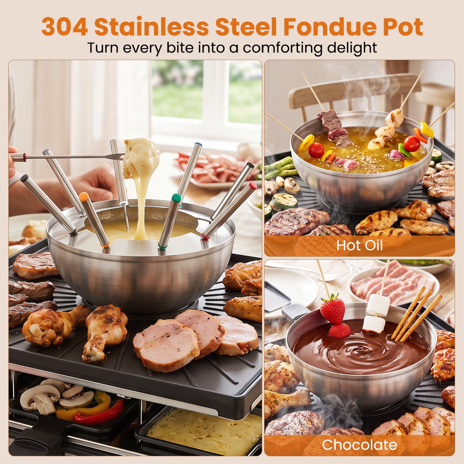 BBQ Grill with Fondue Pot Set and Adjustable Thermostats for 8 People