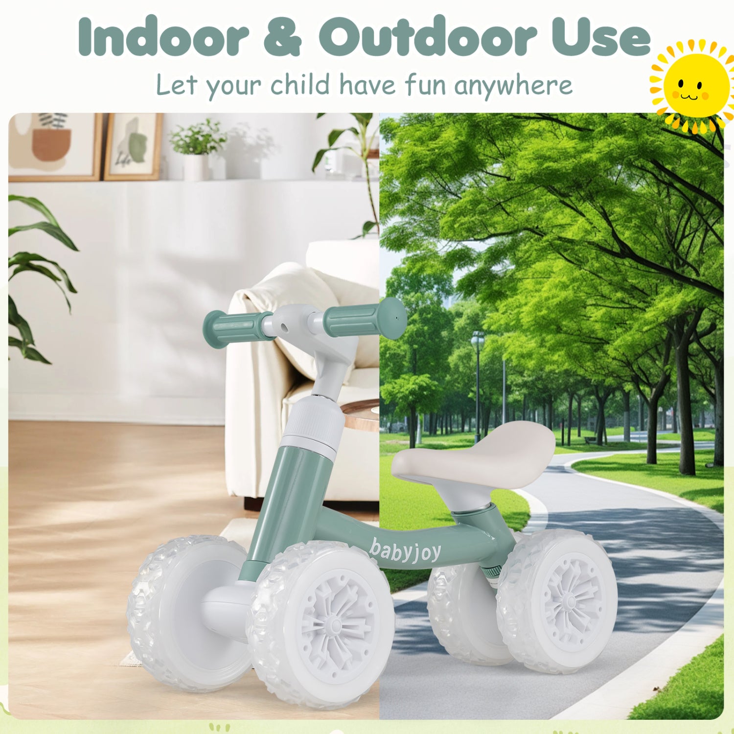 Baby Balance Bike with Adjustable Handlebar and Seat with Lighting Wheels-Green