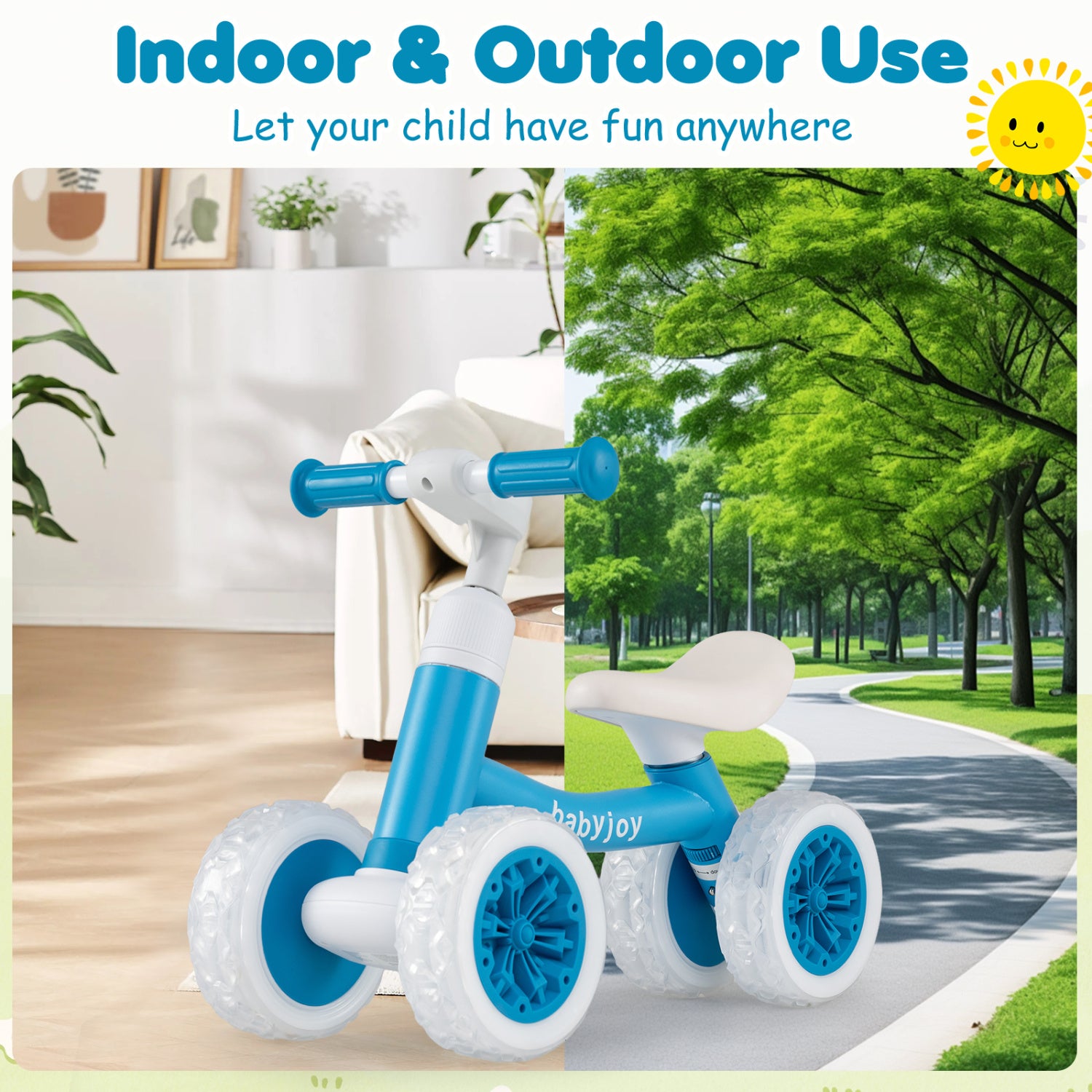 Baby Balance Bike with Adjustable Handlebar and Seat with Lighting Wheels-Blue