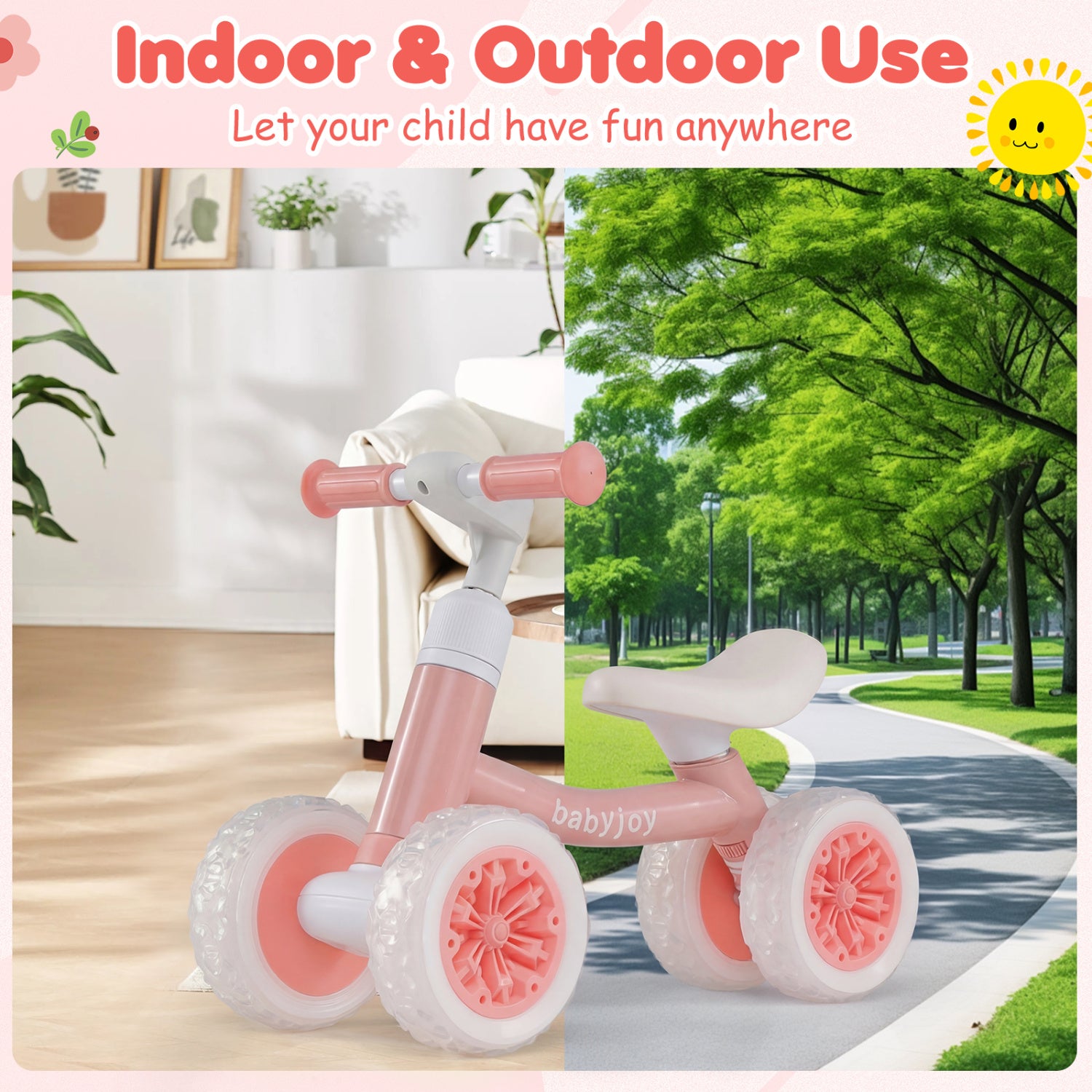 Baby Balance Bike with Adjustable Handlebar and Seat with Lighting Wheels-Pink
