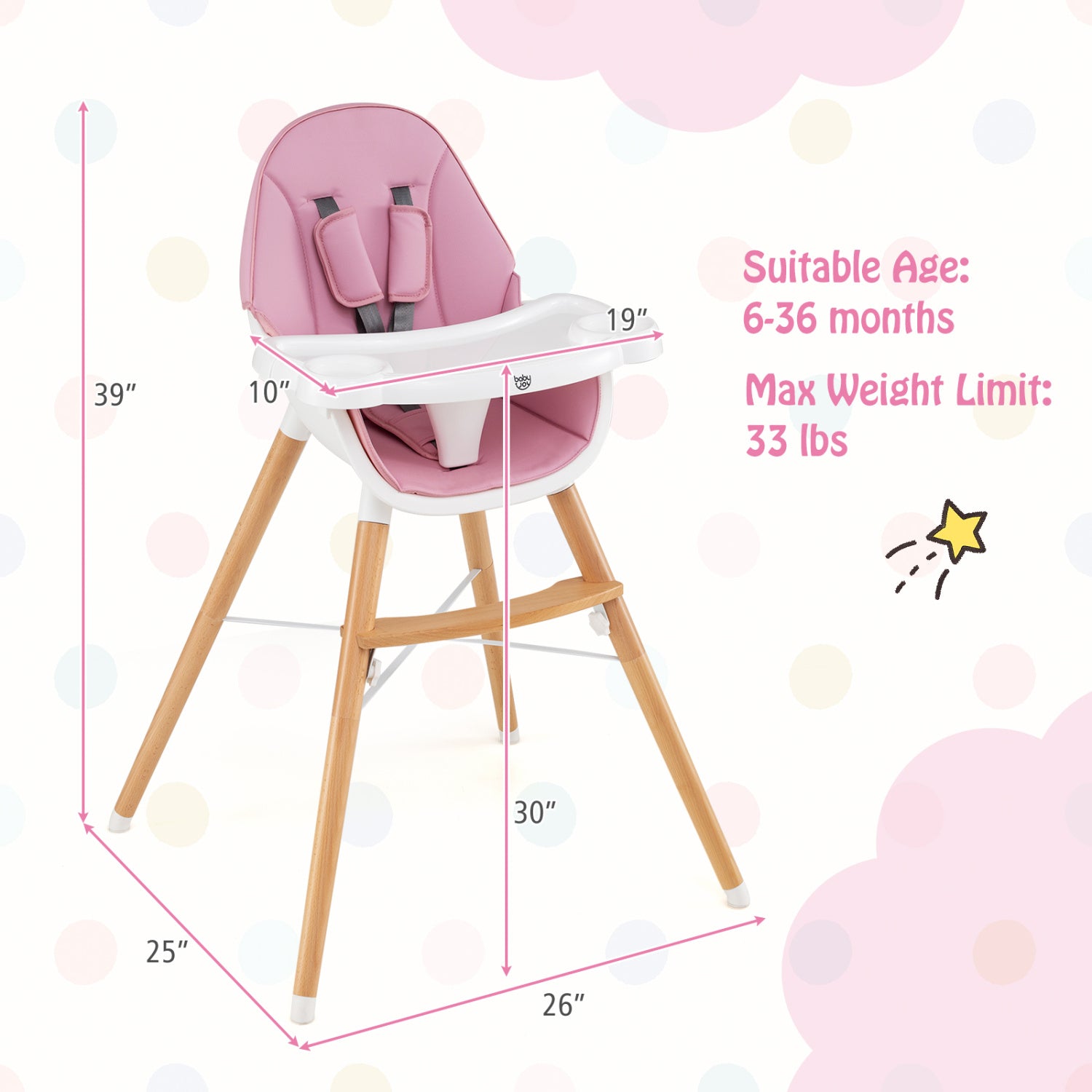 Baby High Chair with Dishwasher Safe Tray-Pink