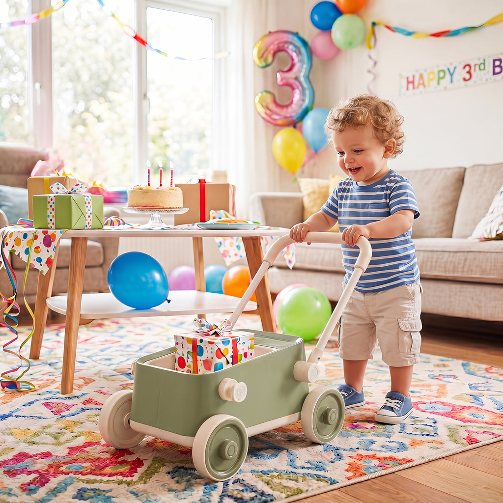 Baby Push Walker with Wheels and Foldable Handlebar and Storage Basket-Green