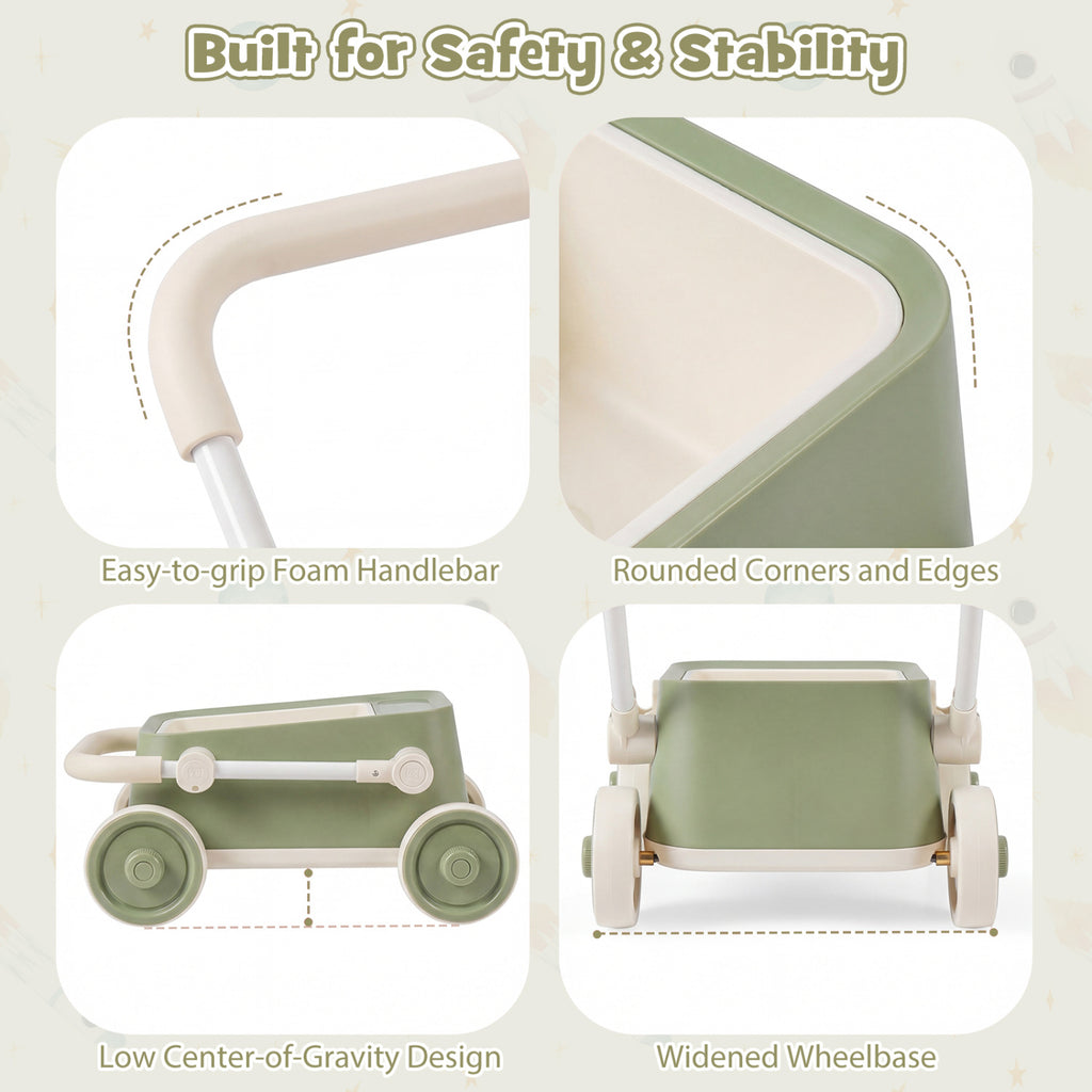 Baby Push Walker with Wheels and Foldable Handlebar and Storage Basket-Green