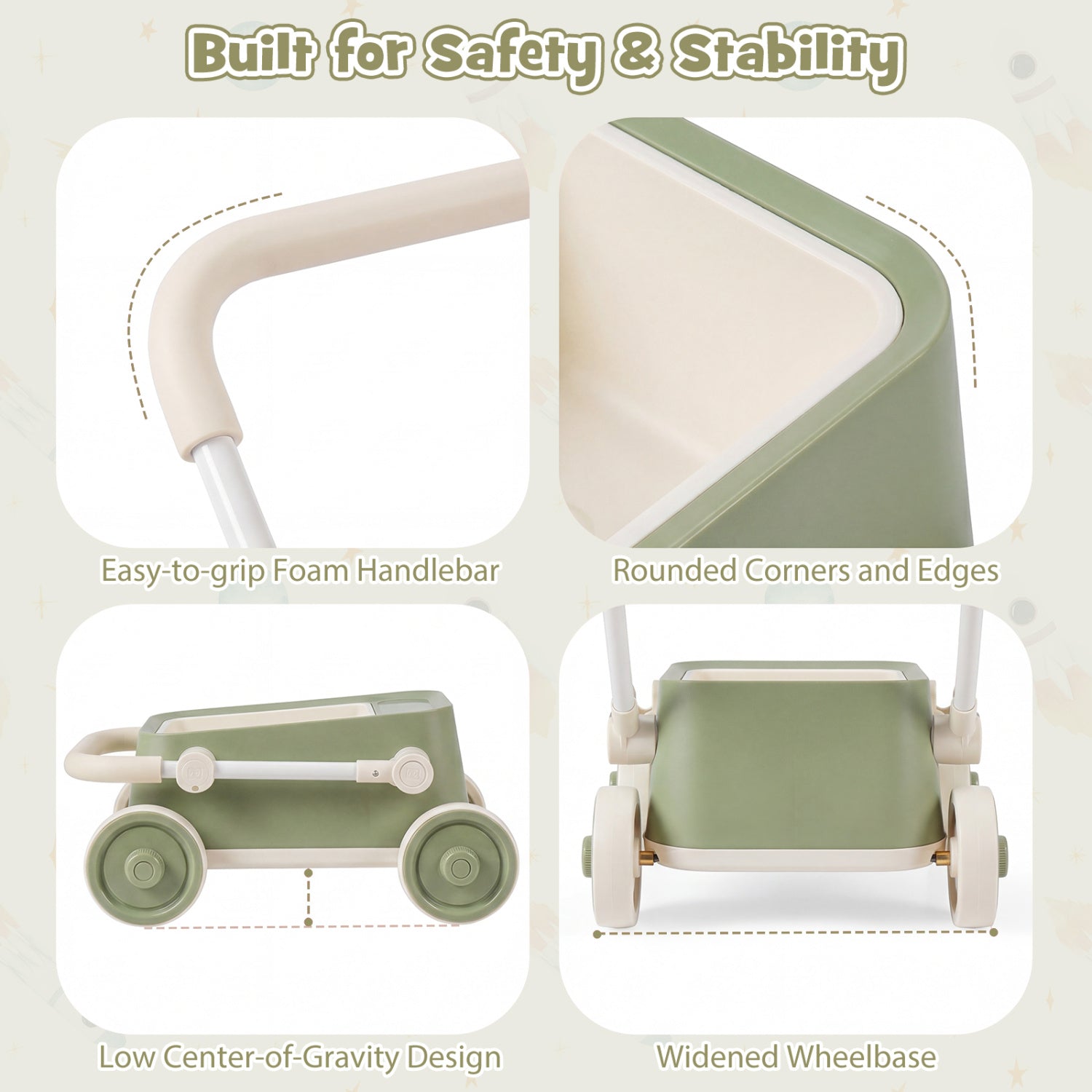 Baby Push Walker with Wheels and Foldable Handlebar and Storage Basket-Green