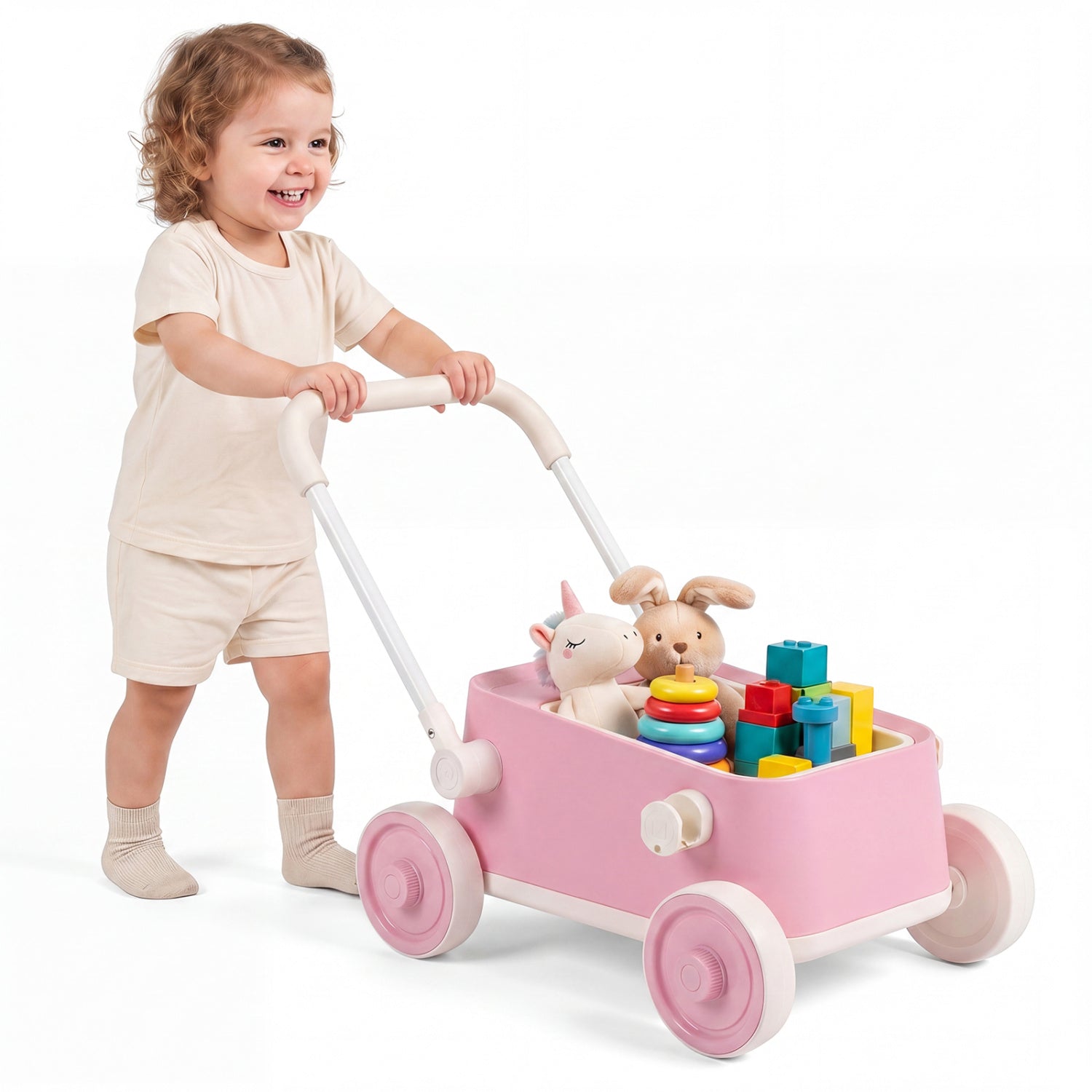 Baby Push Walker with Wheels and Foldable Handlebar and Storage Basket-Pink
