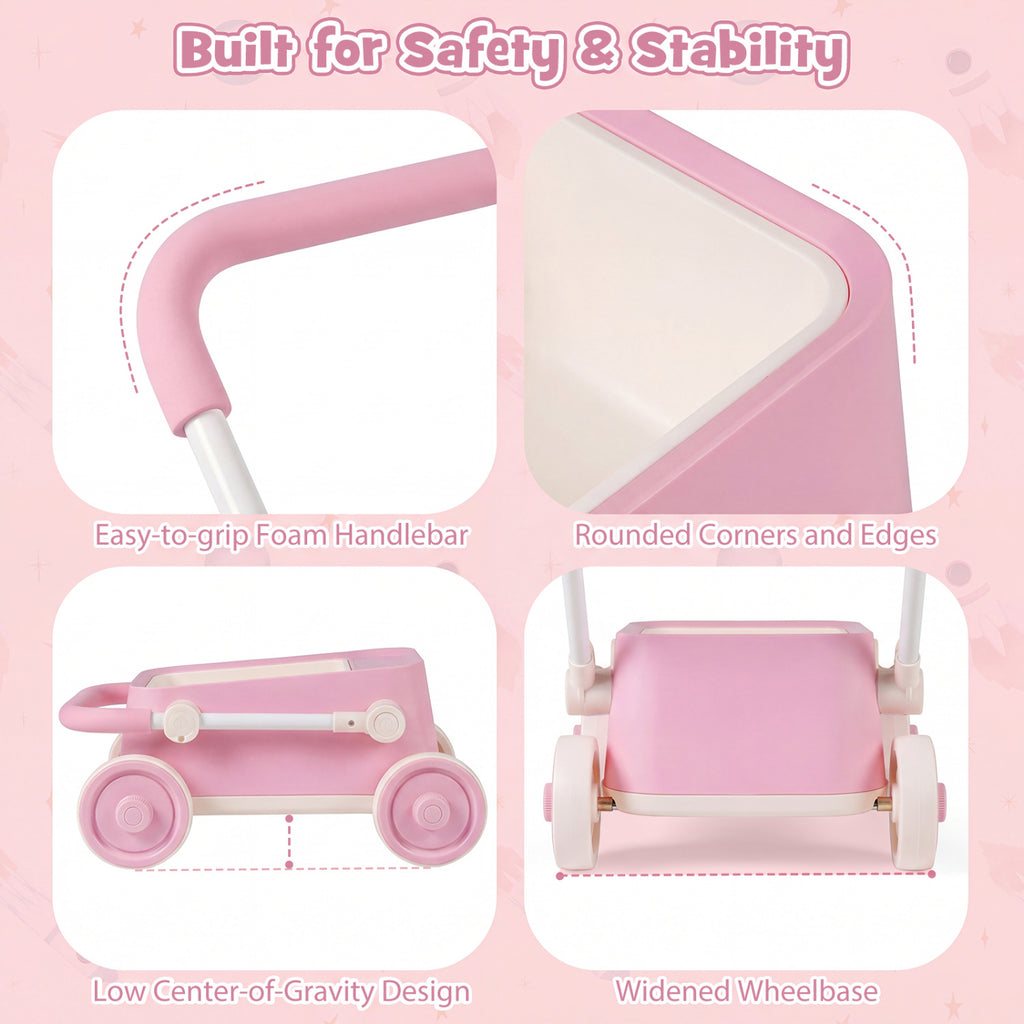 Baby Push Walker with Wheels and Foldable Handlebar and Storage Basket-Pink