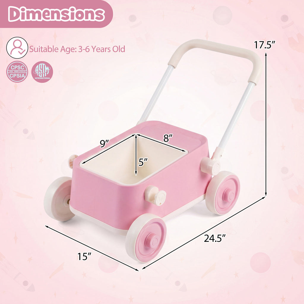 Baby Push Walker with Wheels and Foldable Handlebar and Storage Basket-Pink