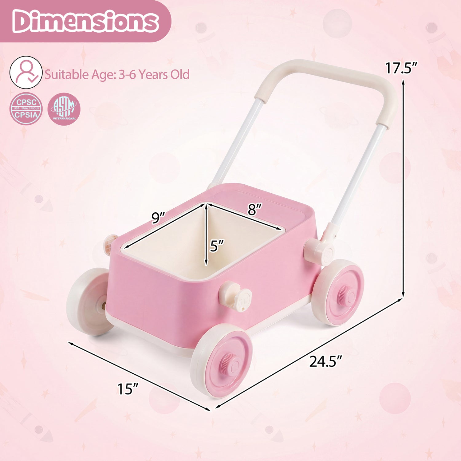 Baby Push Walker with Wheels and Foldable Handlebar and Storage Basket-Pink