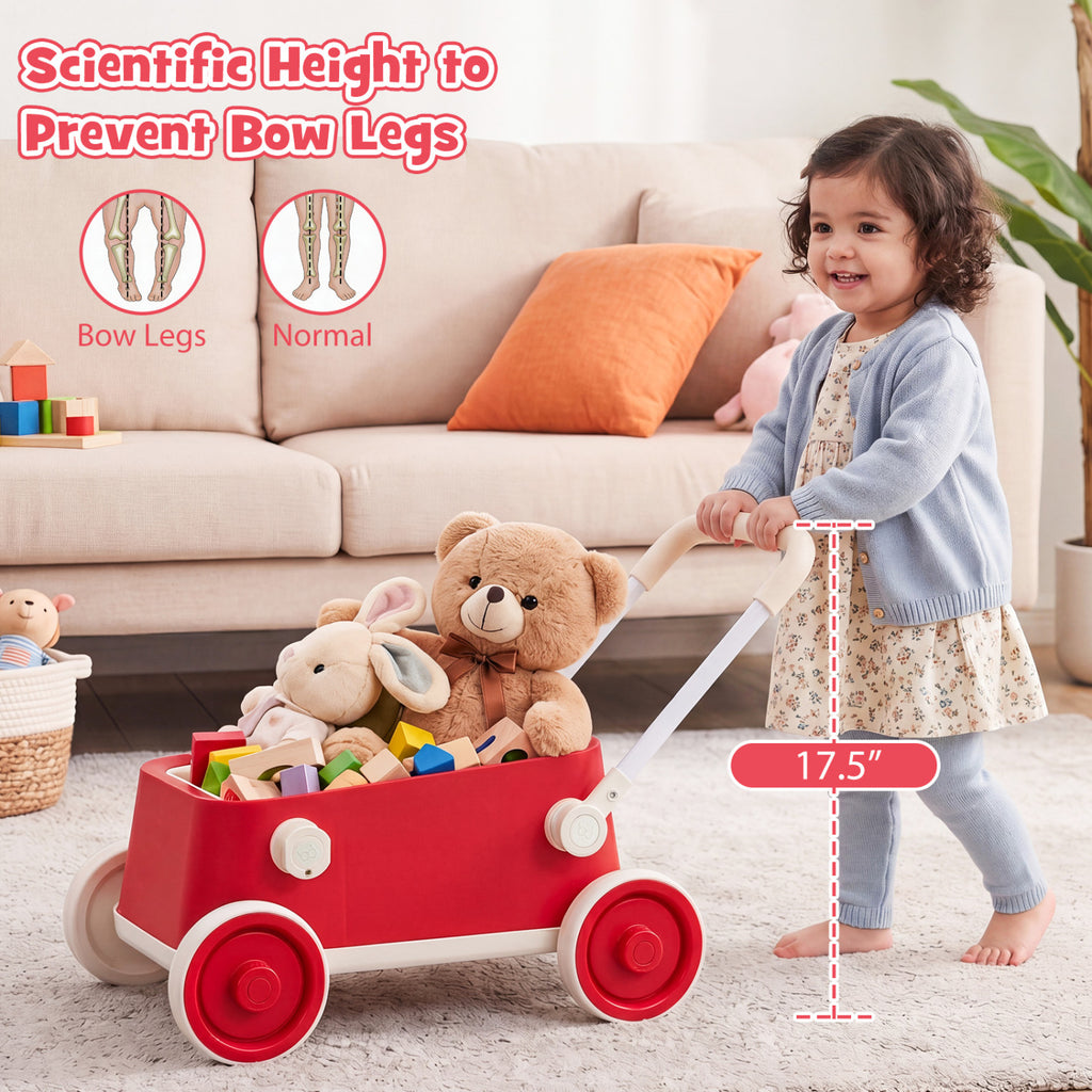 Baby Push Walker with Wheels and Foldable Handlebar and Storage Basket-Red