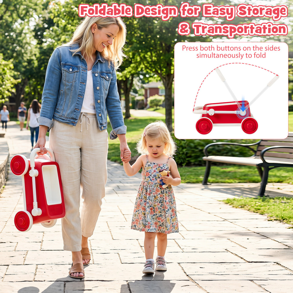 Baby Push Walker with Wheels and Foldable Handlebar and Storage Basket-Red