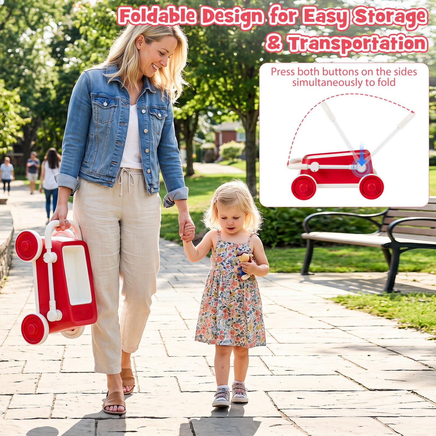 Baby Push Walker with Wheels and Foldable Handlebar and Storage Basket-Red