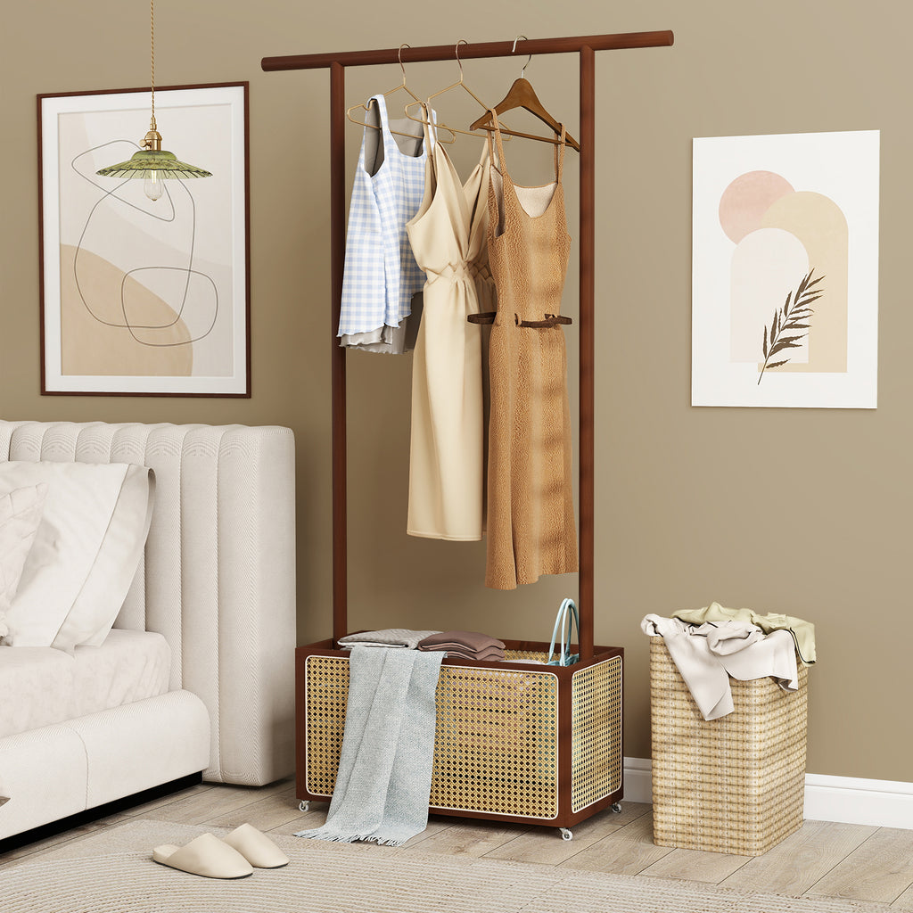 Portant à Vêtements en Bambou avec Panier de Rangement en Rotin et Roulettes-Marron