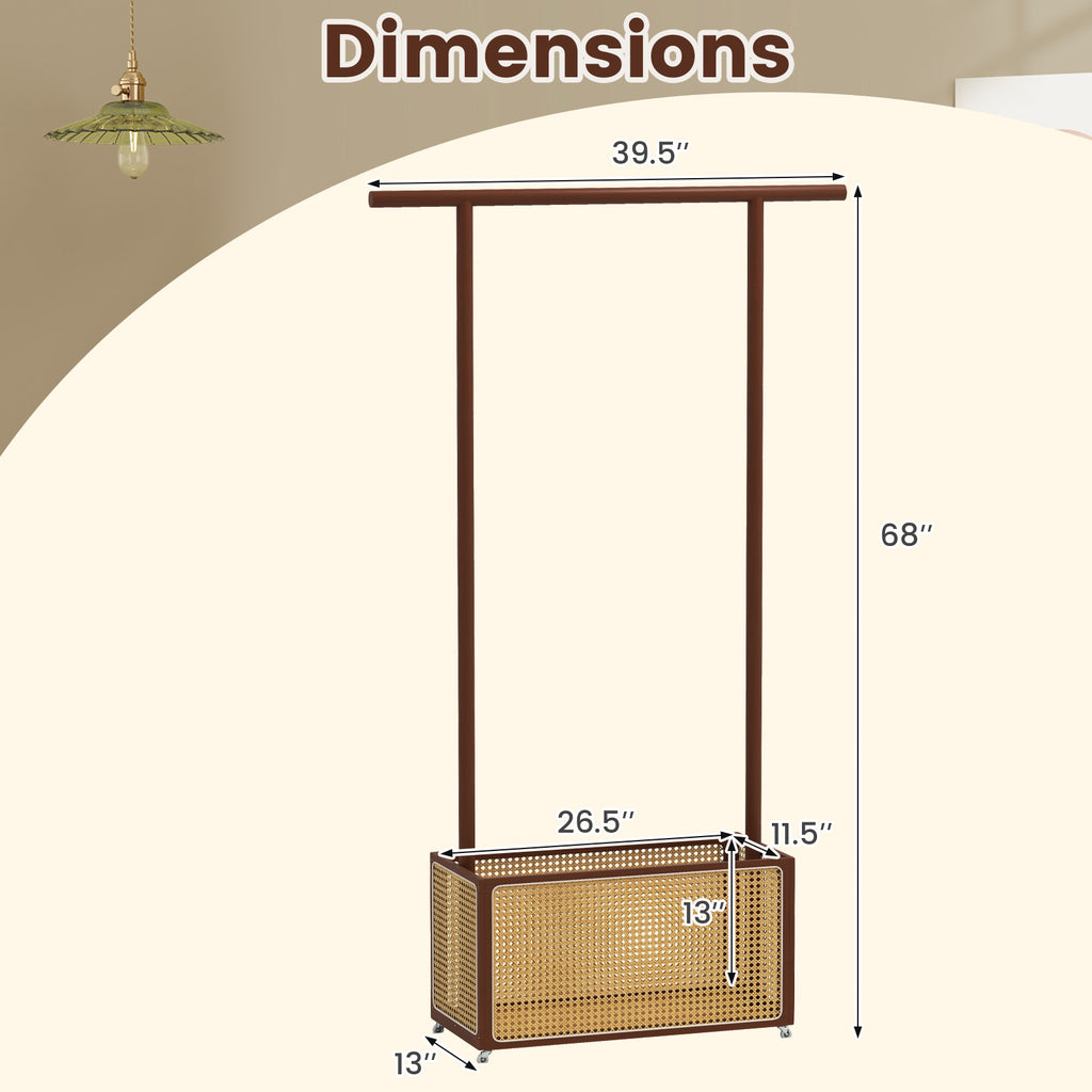 Portant à Vêtements en Bambou avec Panier de Rangement en Rotin et Roulettes-Marron
