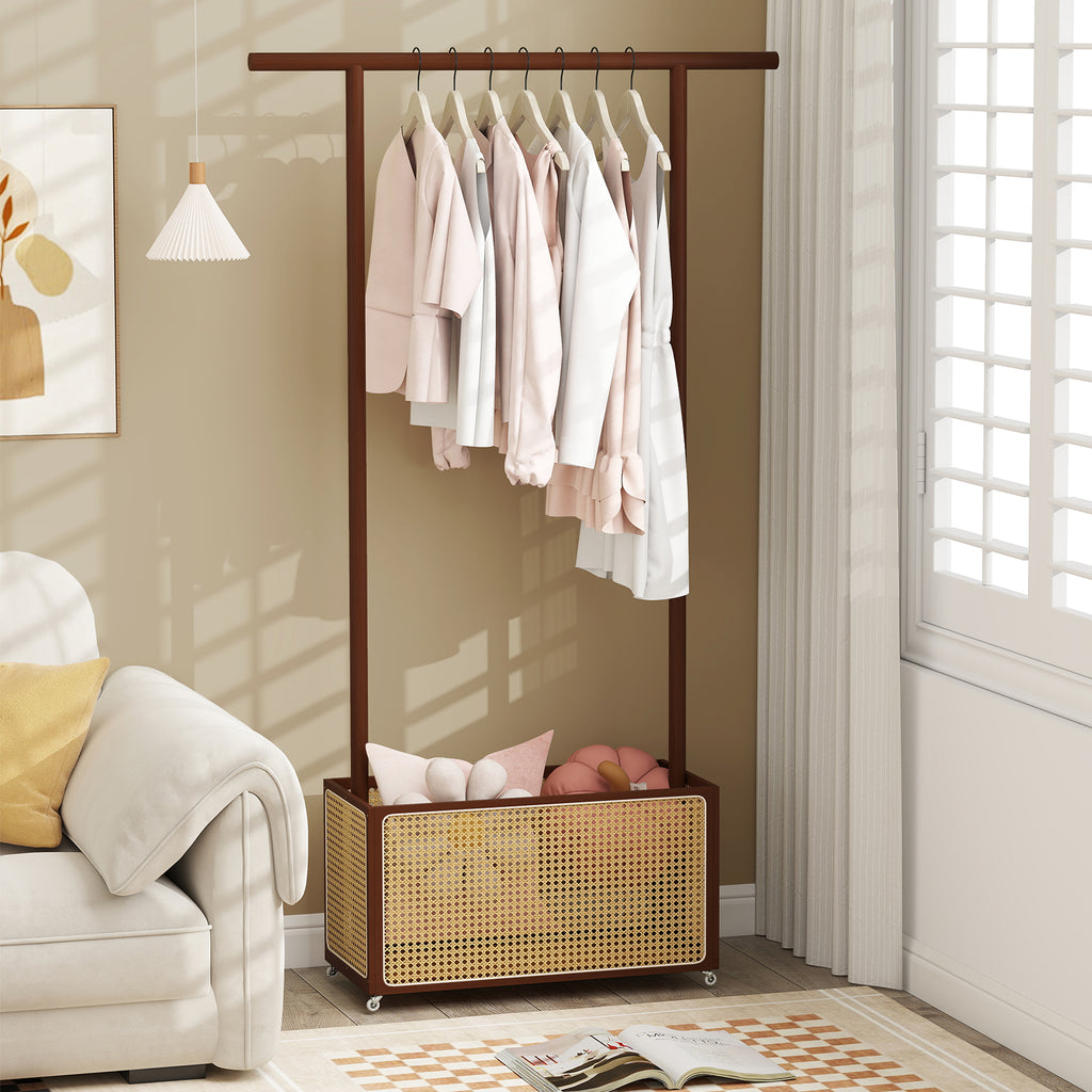Portant à Vêtements en Bambou avec Panier de Rangement en Rotin et Roulettes-Marron