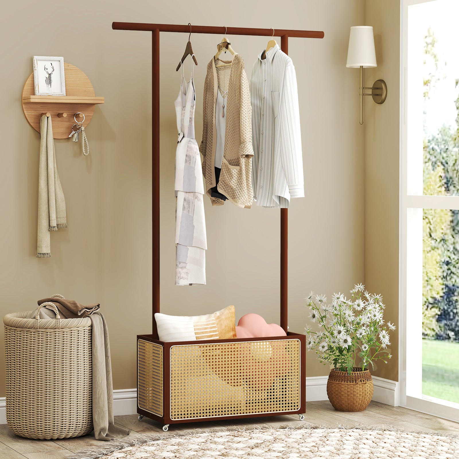 Portant à Vêtements en Bambou avec Panier de Rangement en Rotin et Roulettes-Marron