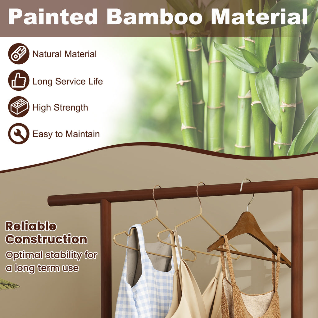 Portant à Vêtements en Bambou avec Panier de Rangement en Rotin et Roulettes-Marron