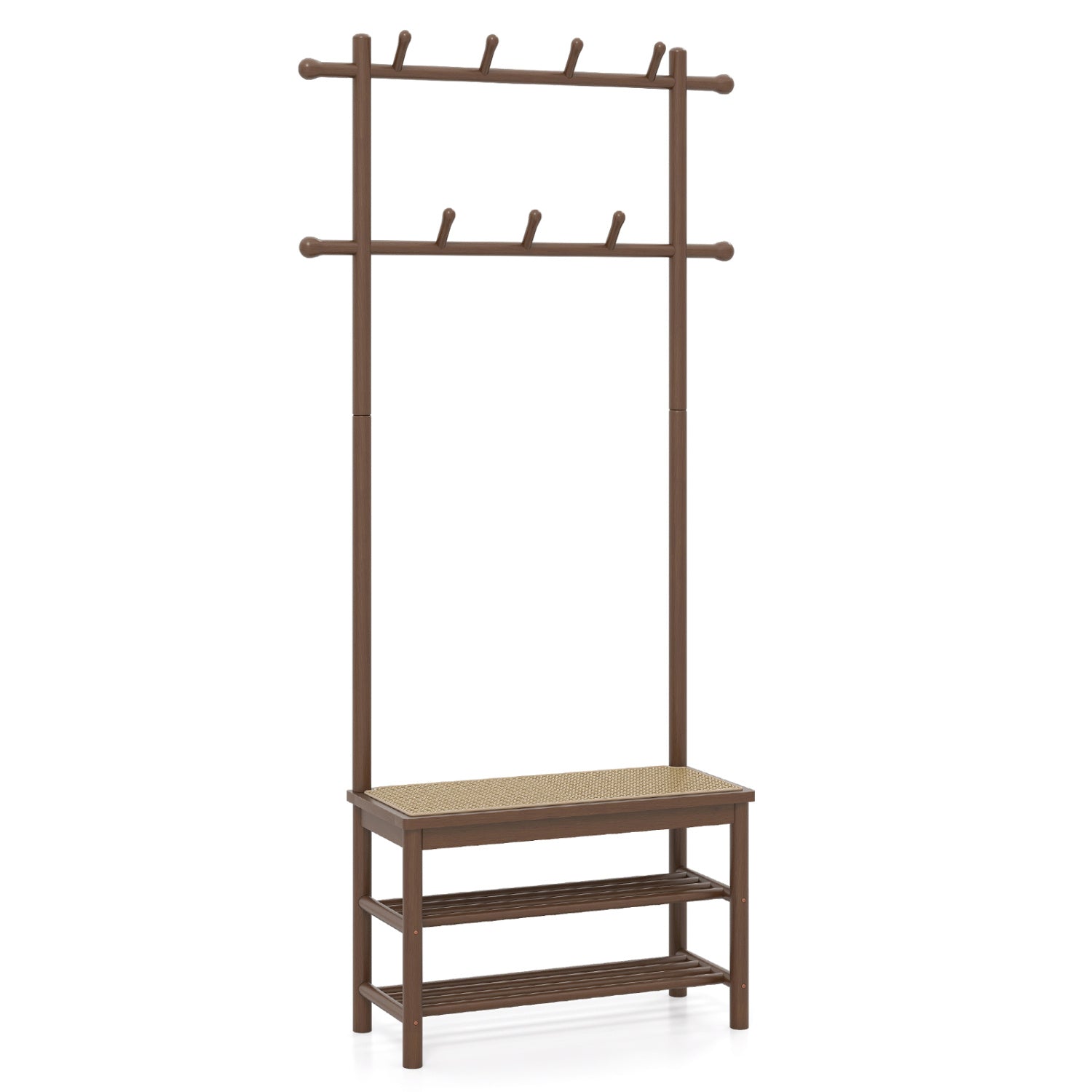 Bamboo Coat Rack PE Rattan Hall Tree with Bench and Shoe Storage 3-In-1 Entryway Bench-Brown
