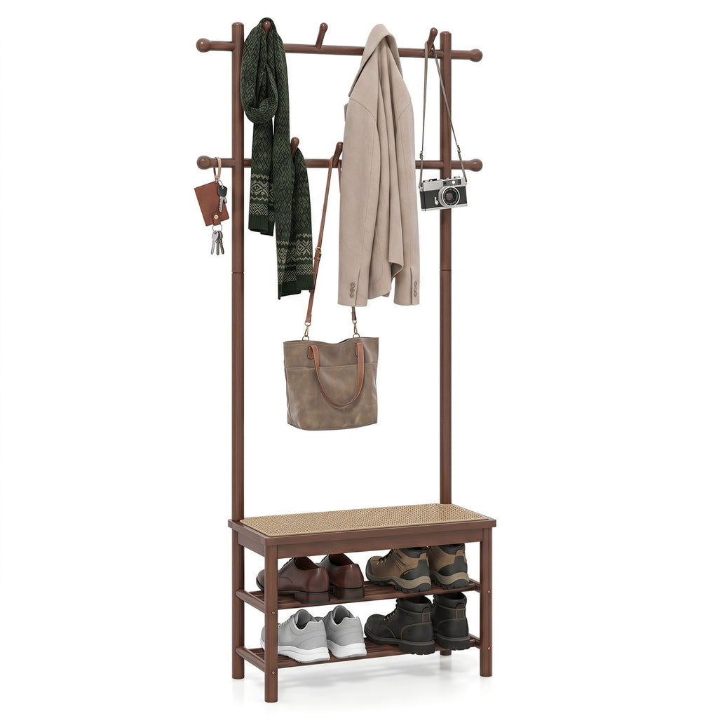 Bamboo Coat Rack PE Rattan Hall Tree with Bench and Shoe Storage 3-In-1 Entryway Bench-Brown