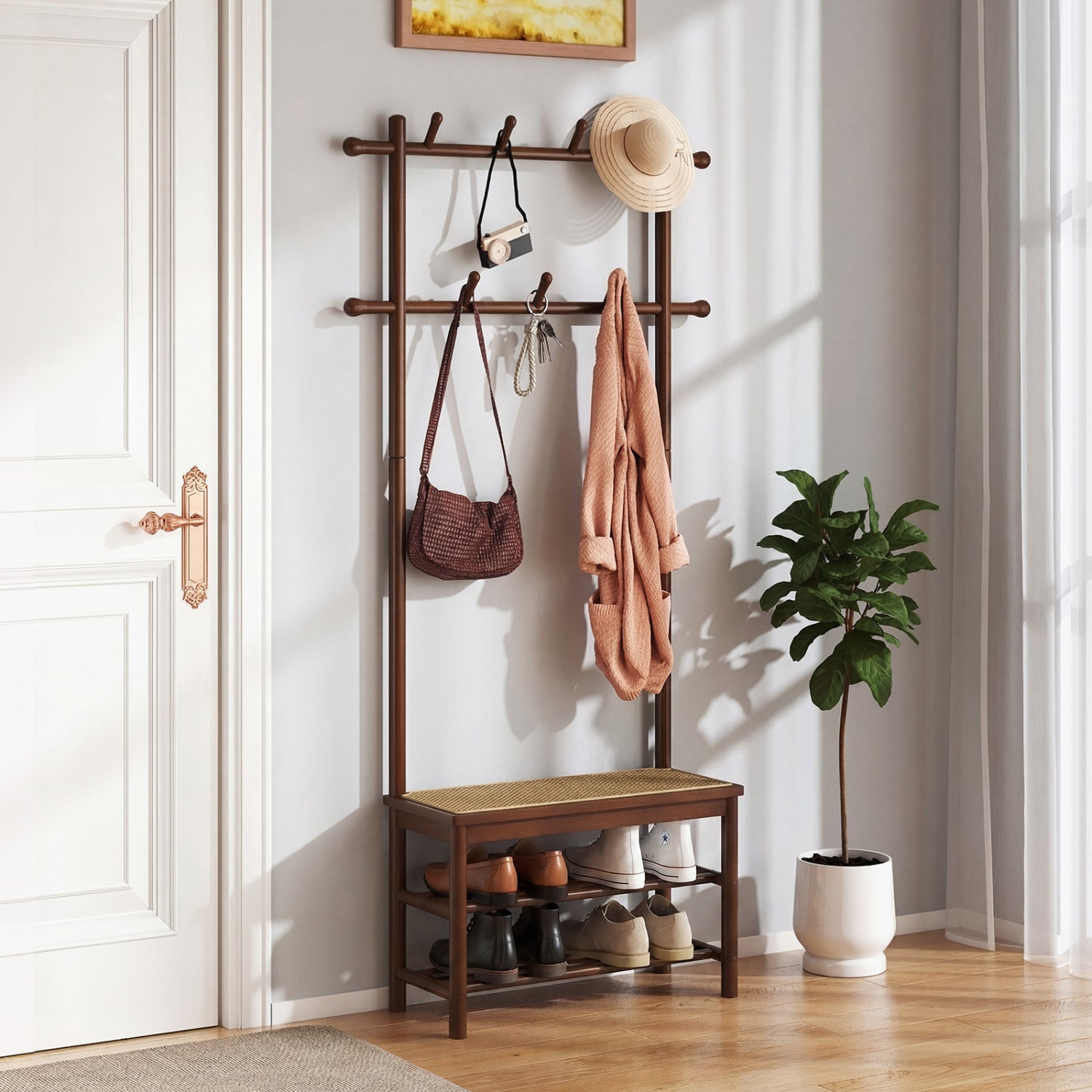 Bamboo Coat Rack PE Rattan Hall Tree with Bench and Shoe Storage 3-In-1 Entryway Bench-Brown