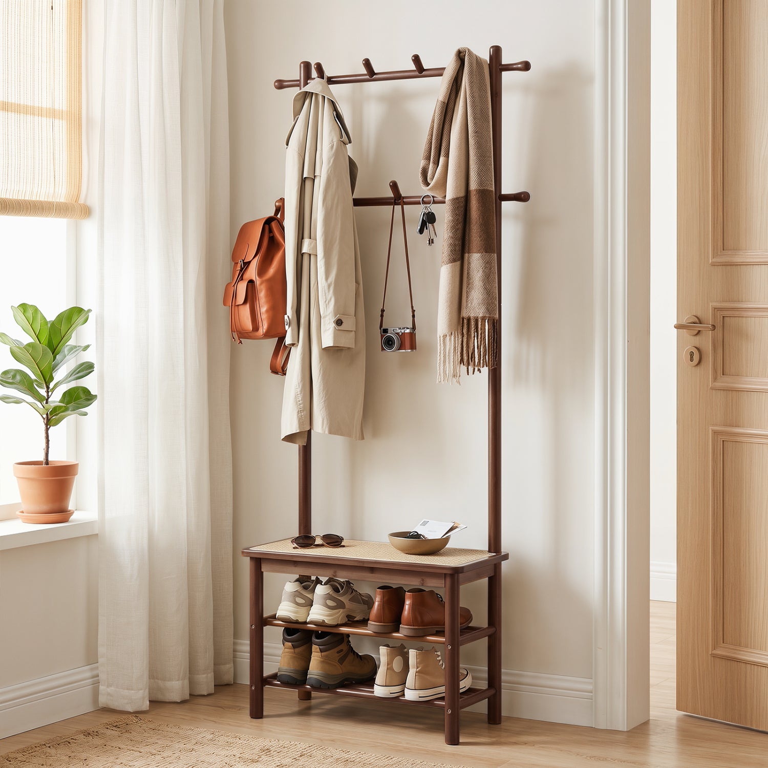Bamboo Coat Rack PE Rattan Hall Tree with Bench and Shoe Storage 3-In-1 Entryway Bench-Brown