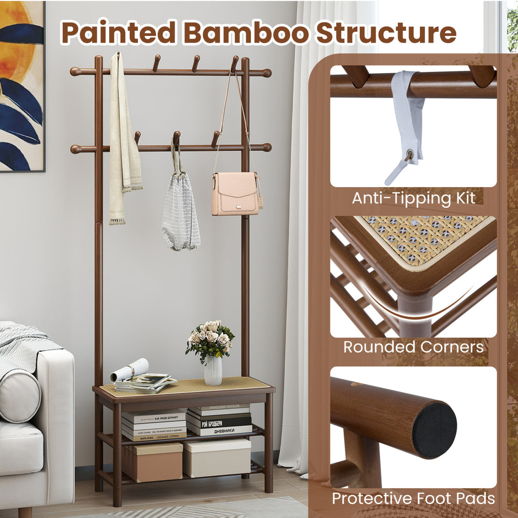 Bamboo Coat Rack PE Rattan Hall Tree with Bench and Shoe Storage 3-In-1 Entryway Bench-Brown