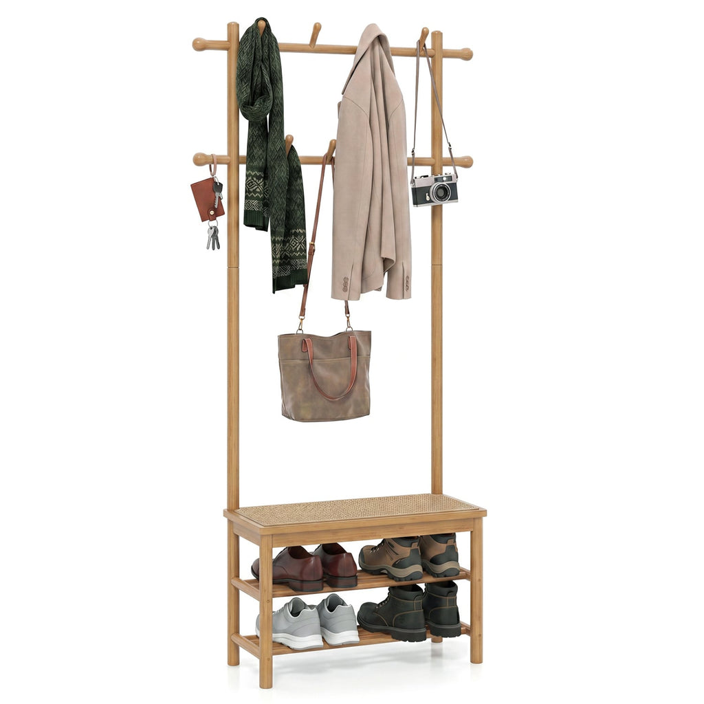 Porte-manteau en bambou, arbre d'entrée en rotin PE avec banc et rangement à chaussures, banc d'entrée 3-en-1 - Naturel