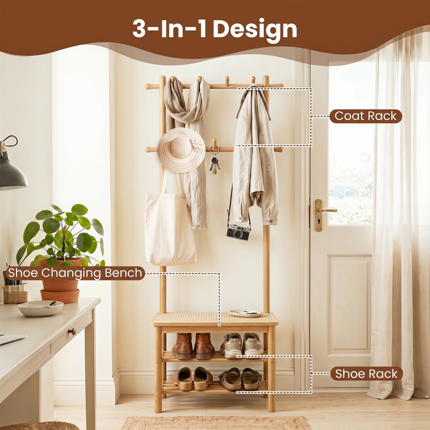 Porte-manteau en bambou, arbre d'entrée en rotin PE avec banc et rangement à chaussures, banc d'entrée 3-en-1 - Naturel