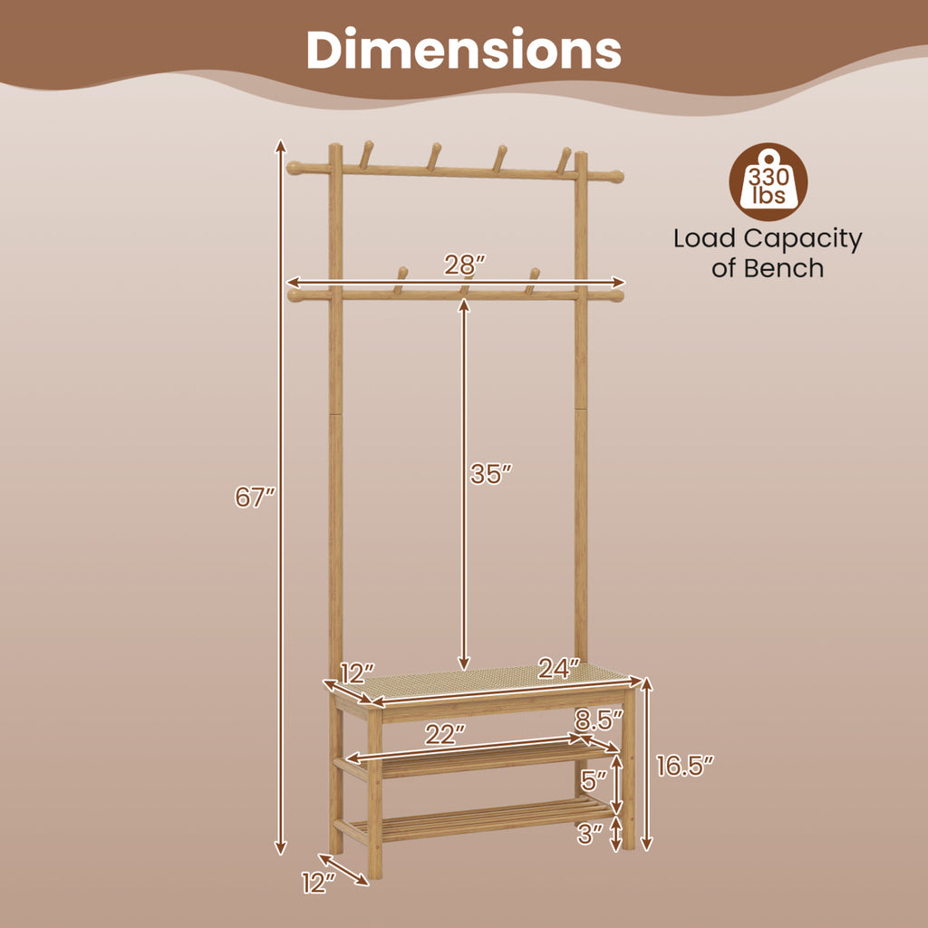 Porte-manteau en bambou, arbre d'entrée en rotin PE avec banc et rangement à chaussures, banc d'entrée 3-en-1 - Naturel