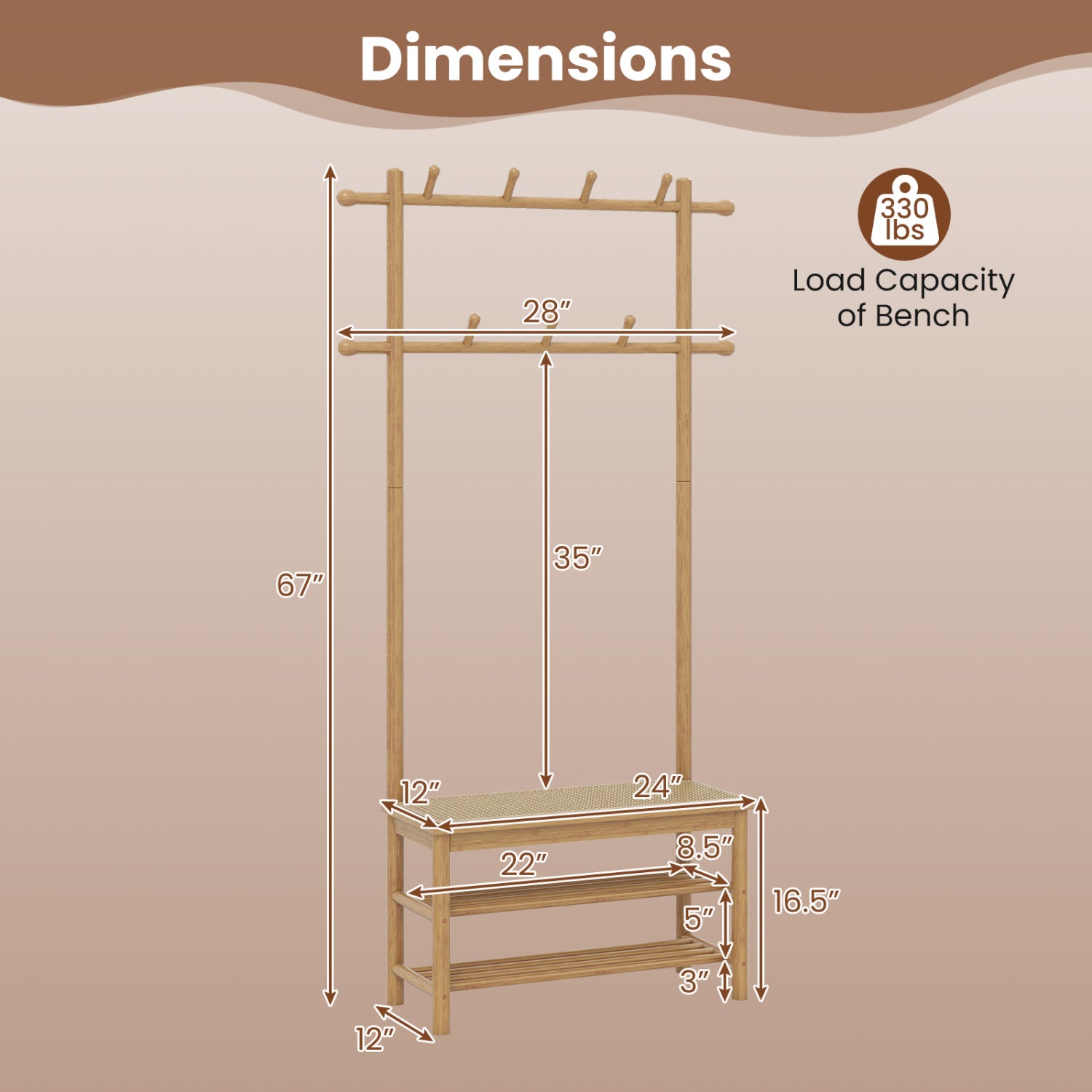 Bamboo Coat Rack PE Rattan Hall Tree with Bench and Shoe Storage 3-In-1 Entryway Bench-Natural