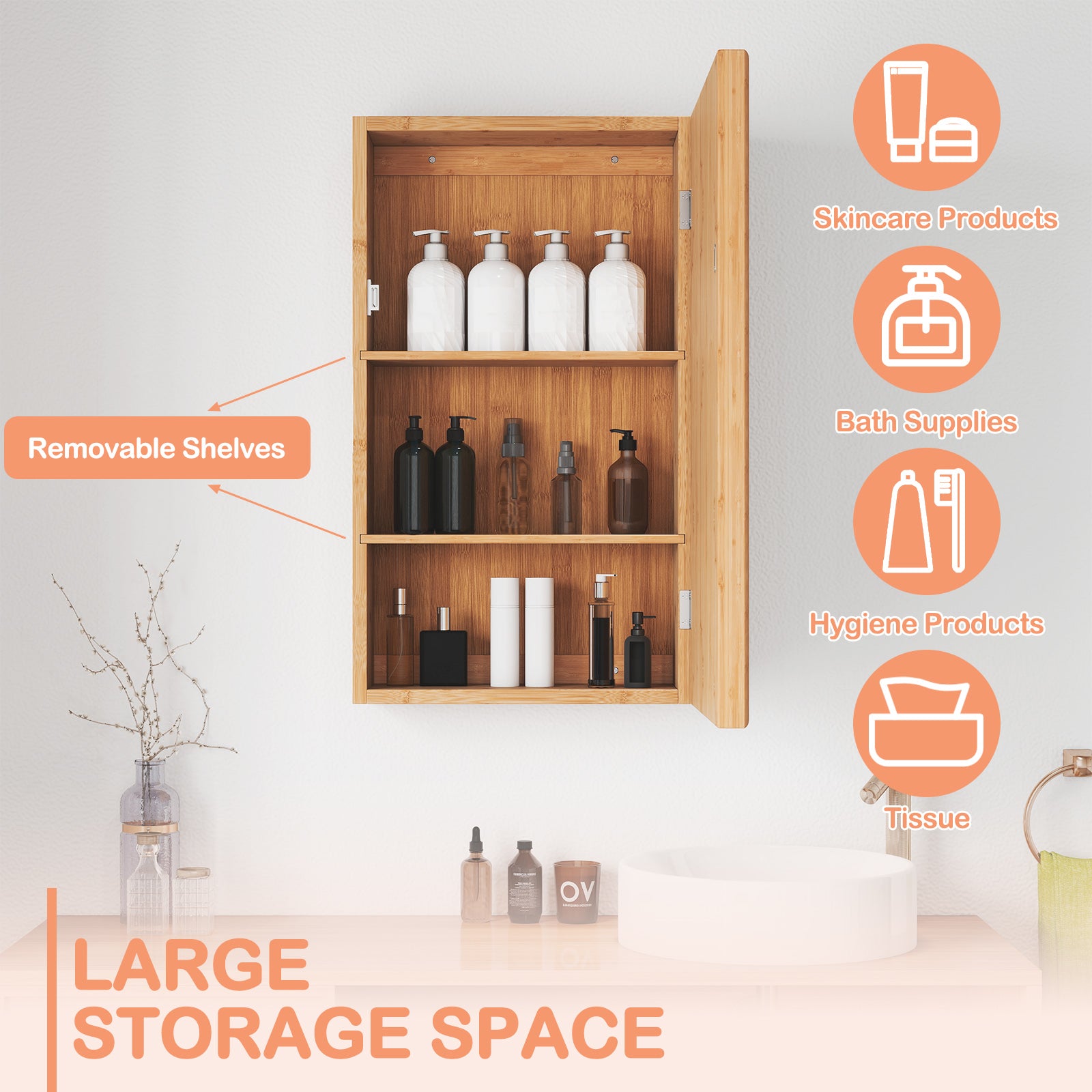 Bamboo Small Medicine Cabinet with Mirror Door and Removable Shelves-Natural