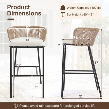 Bar Height Woven Rope Patio Chairs Set of 2-White