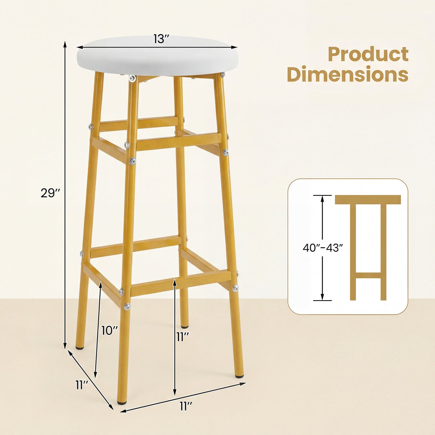 Bar Stools Set of 2 with Sturdy Metal Frame and Footrest-White