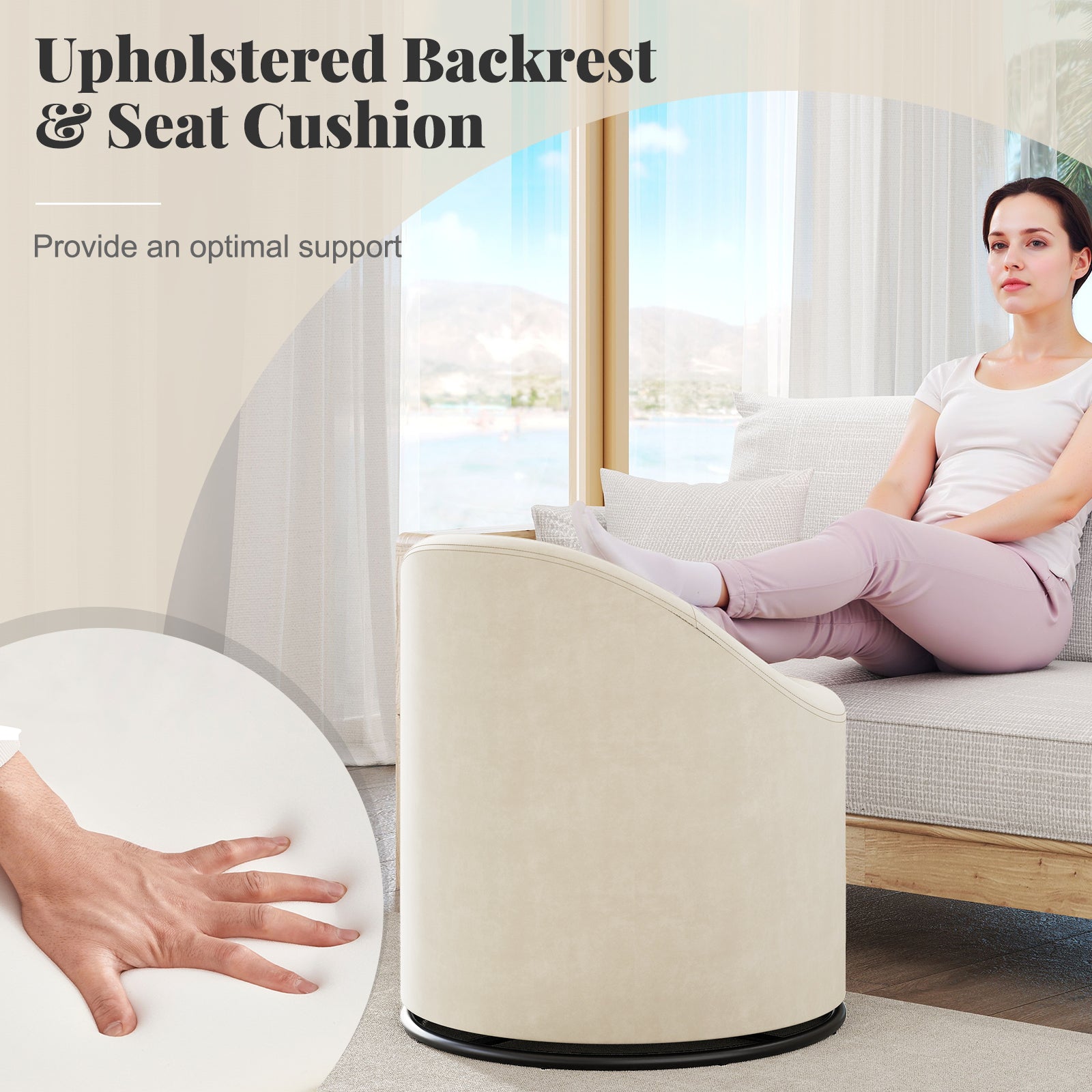 Barrel Chair with Storage 360° Swivel Upholstered Vanity Chair-Beige